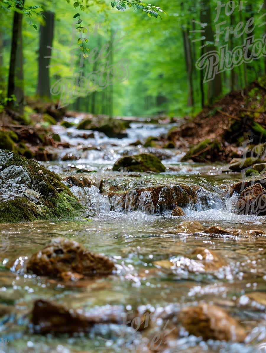 Tranquil Forest Stream with Flowing Water and Lush Greenery