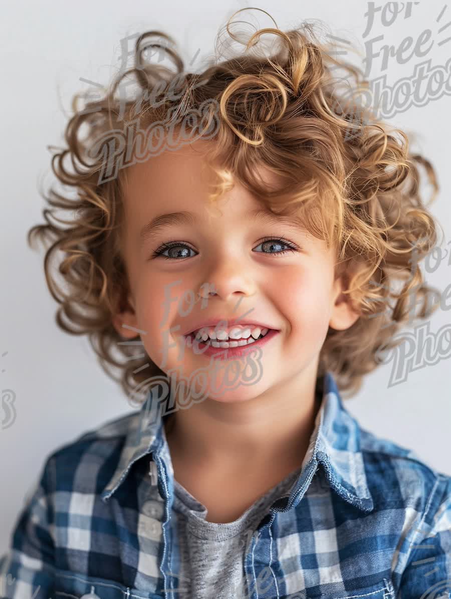 Joyful Child with Curly Hair Smiling in Casual Outfit