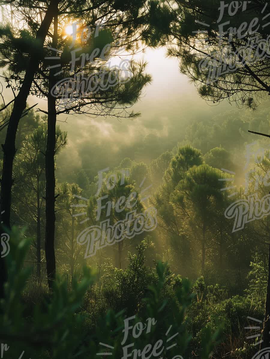 Serene Forest Landscape at Sunrise with Misty Atmosphere