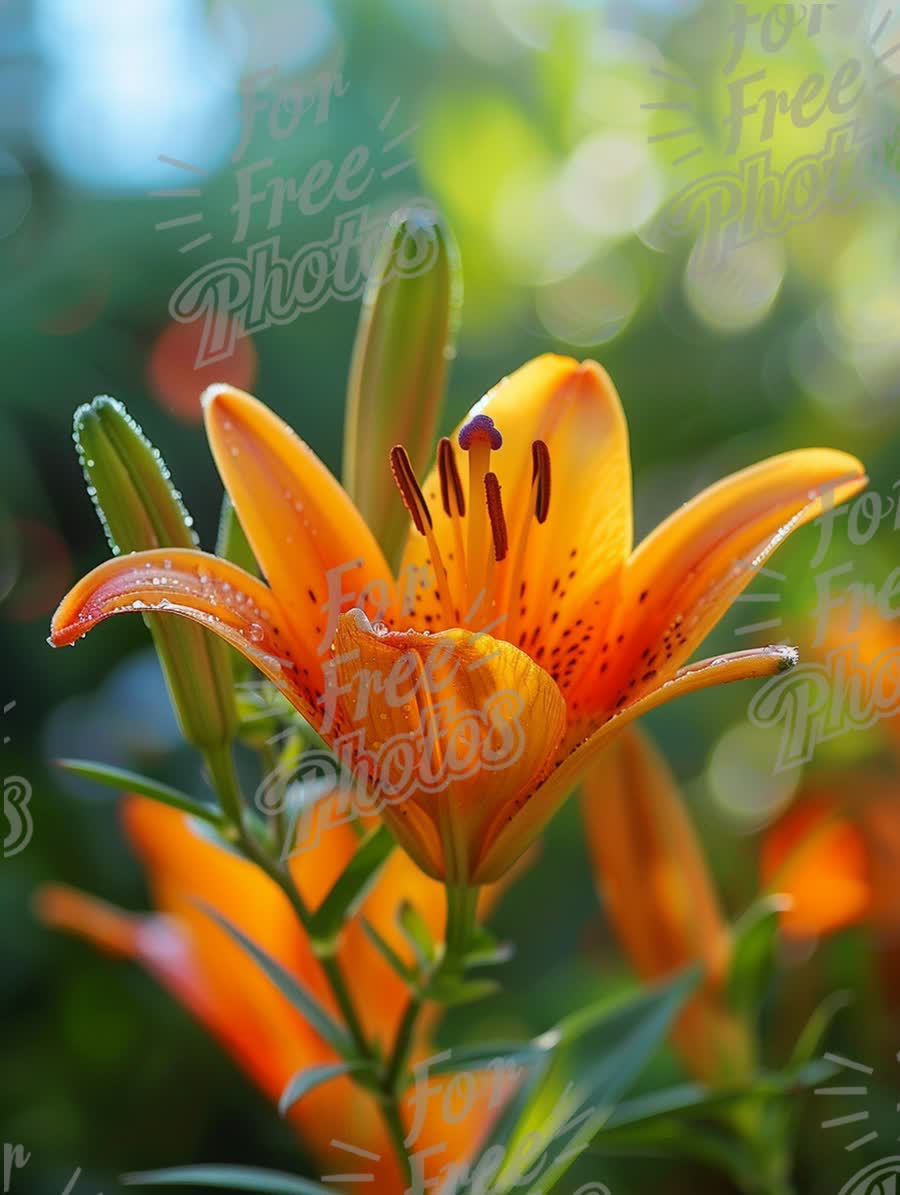 Vibrant Orange Lily Flower with Dew Drops in Soft Focus