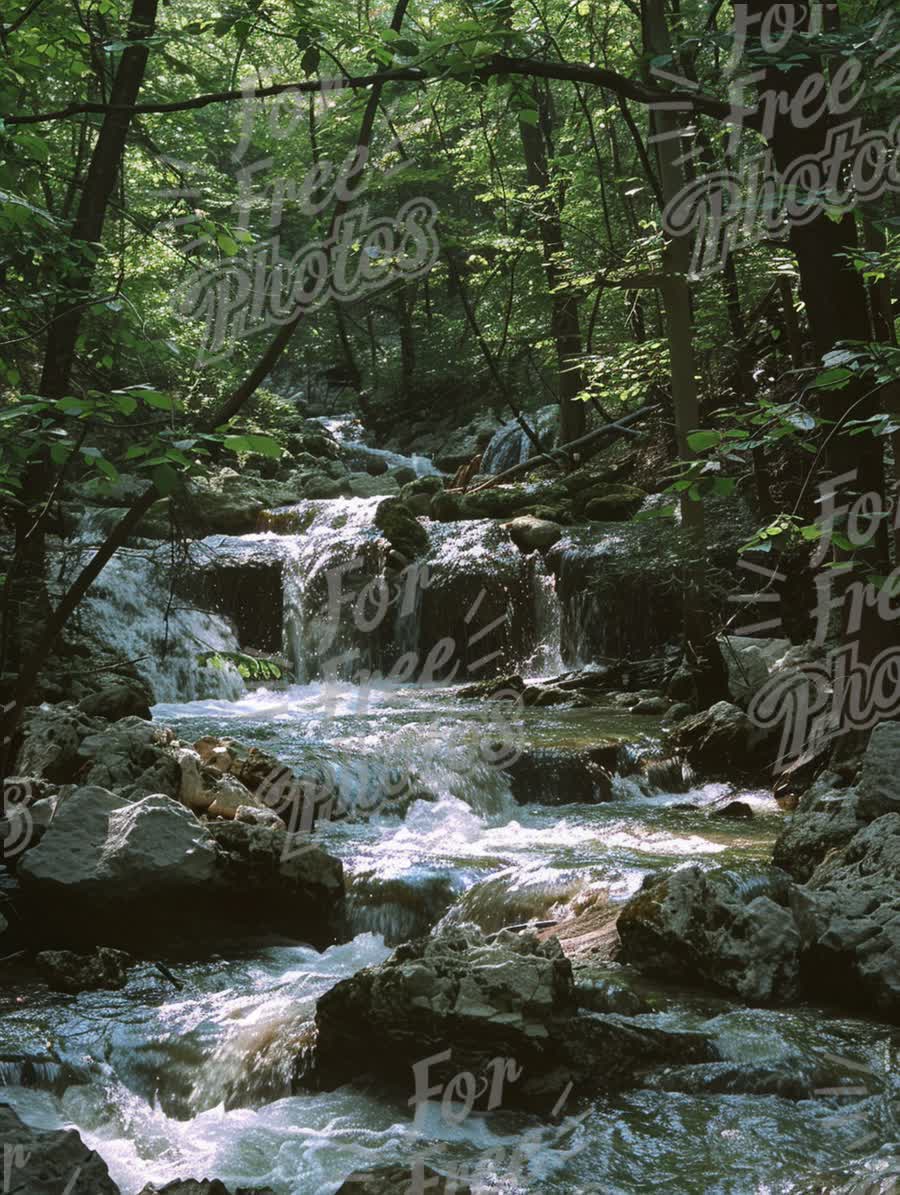 Serene Forest Stream with Cascading Waterfalls in Lush Green Wilderness