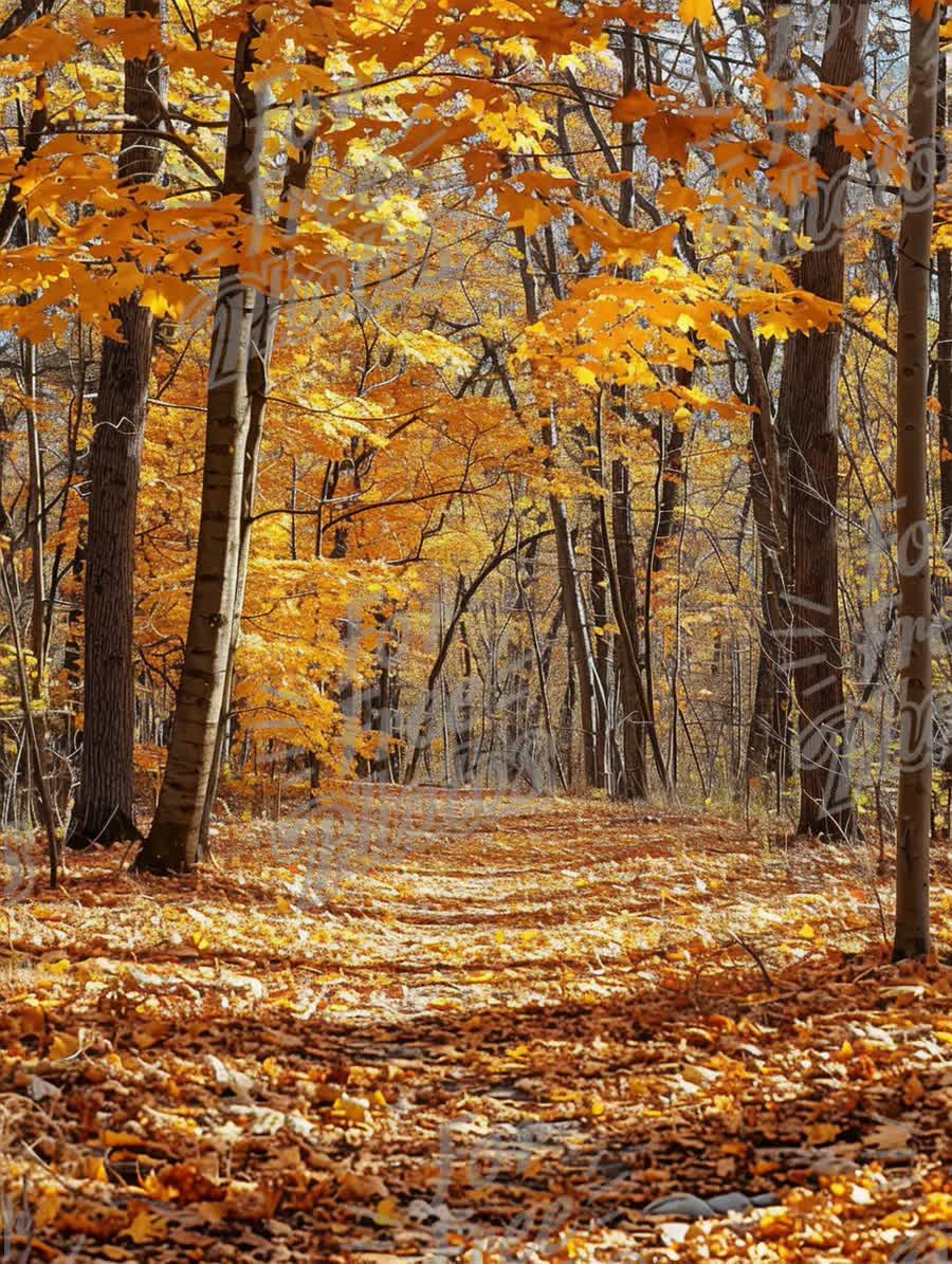 Autumn Forest Pathway with Vibrant Orange Leaves