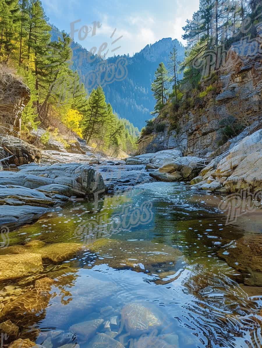 Tranquil Mountain Stream: Serene Nature Landscape with Clear Waters and Lush Greenery