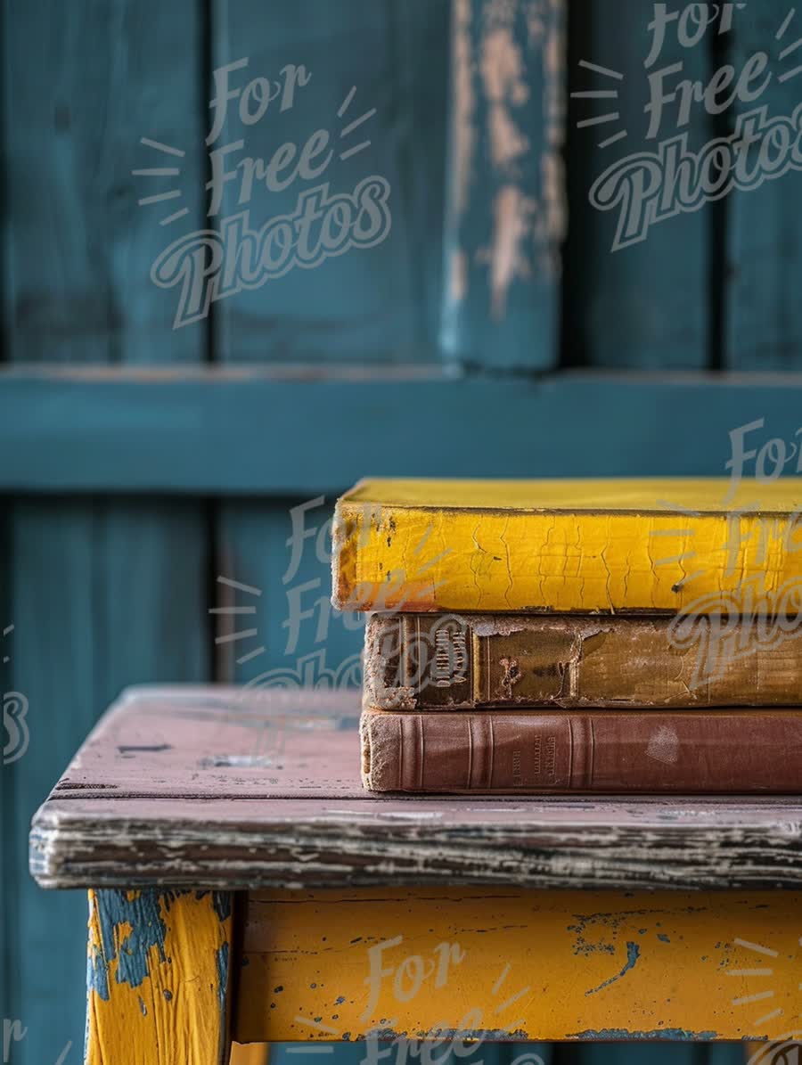 Vintage Books on Colorful Rustic Table with Blue Background