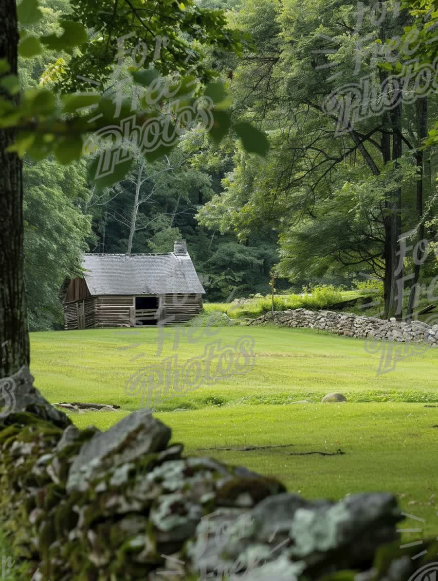 Serene Rustic Cabin in Lush Green Landscape