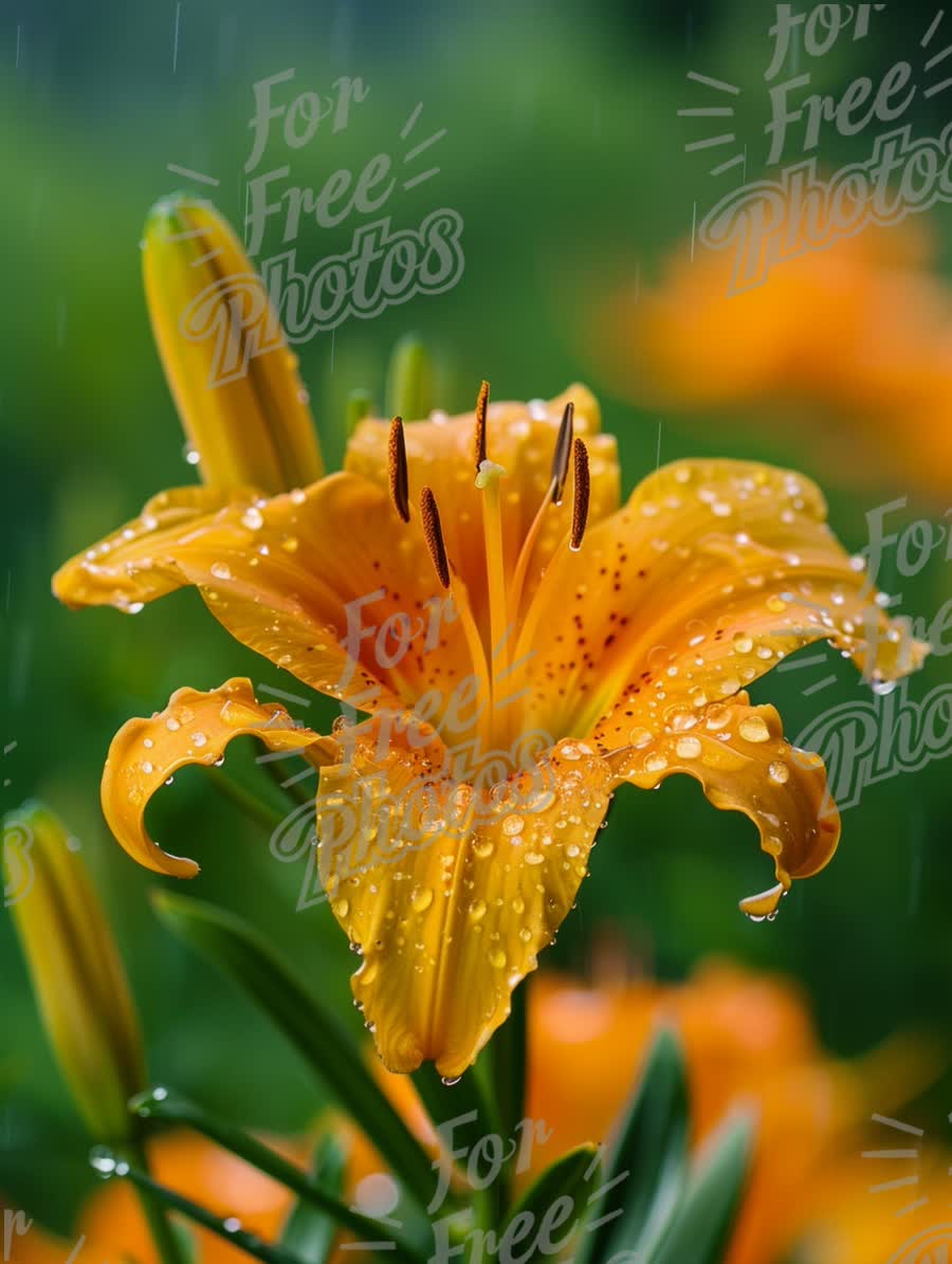 Vibrant Orange Lily Flower with Raindrops in a Lush Garden