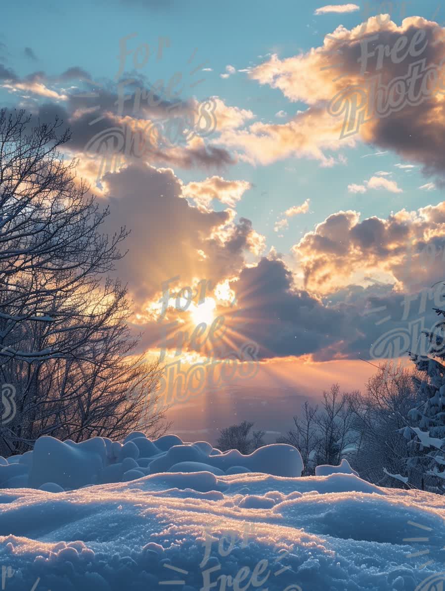 Winter Sunrise Over Snowy Landscape with Dramatic Clouds