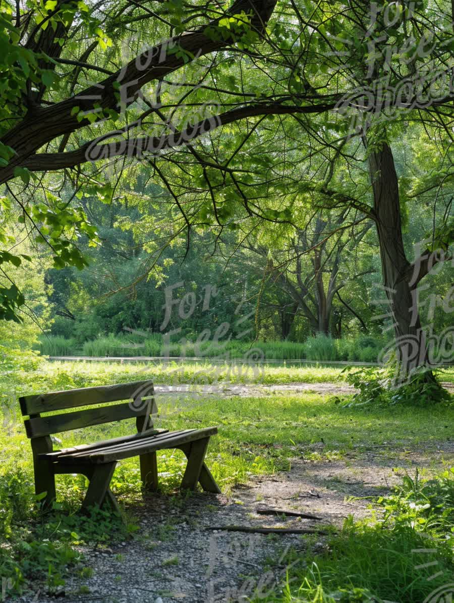 Tranquil Park Bench Under Lush Green Trees in Serene Nature Setting