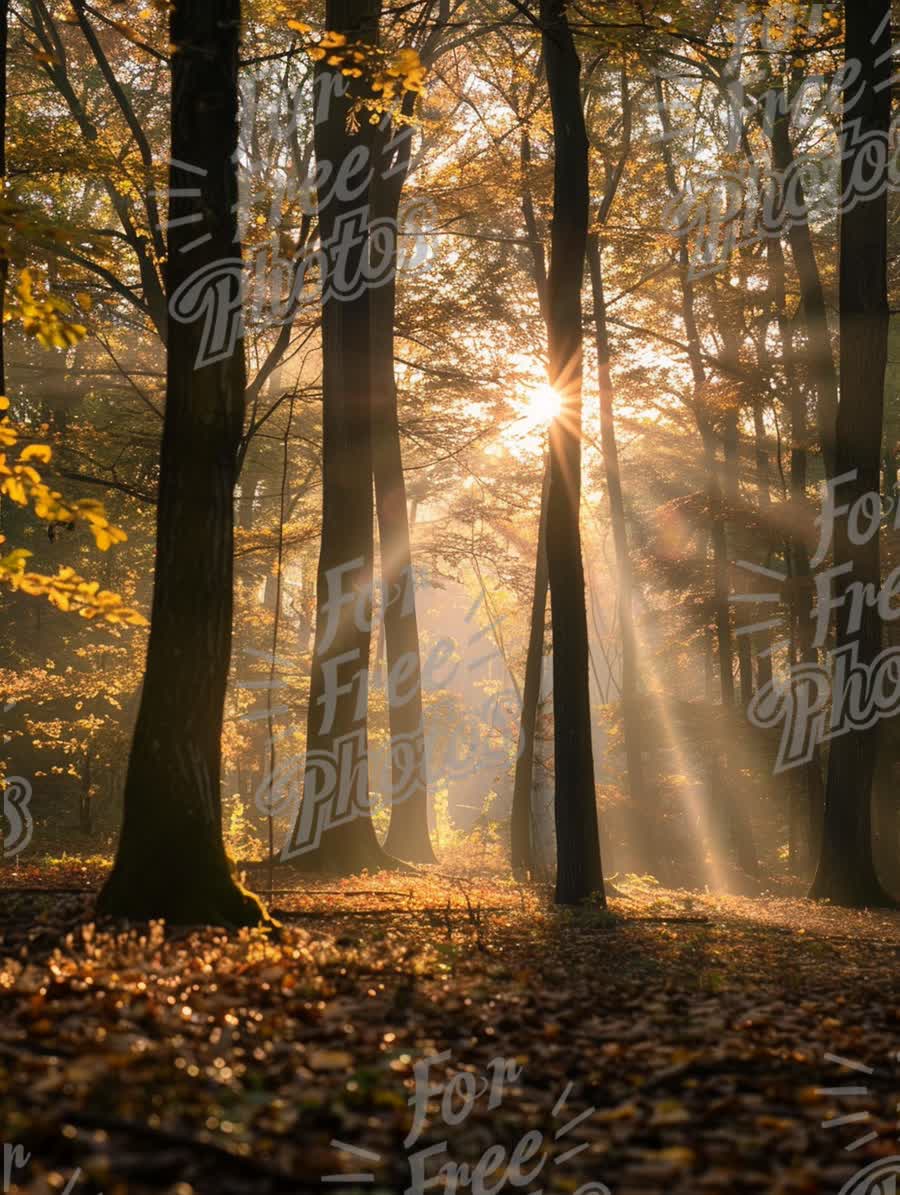 Enchanting Autumn Forest with Sunlight Rays and Golden Leaves