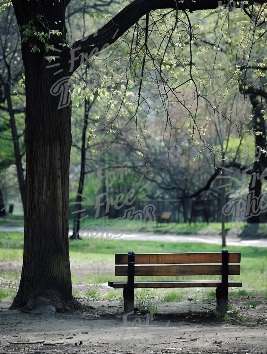 Tranquil Park Bench Under Blooming Tree - Serene Nature Scene for Relaxation and Reflection