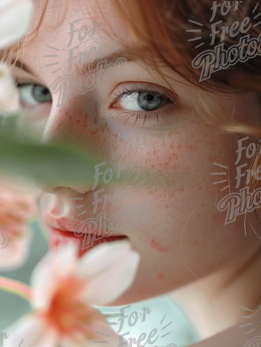 Close-Up Portrait of a Young Woman with Freckles Surrounded by Flowers