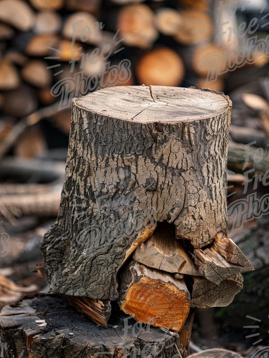 Close-Up of Rustic Tree Stump with Textured Bark in Woodpile Background