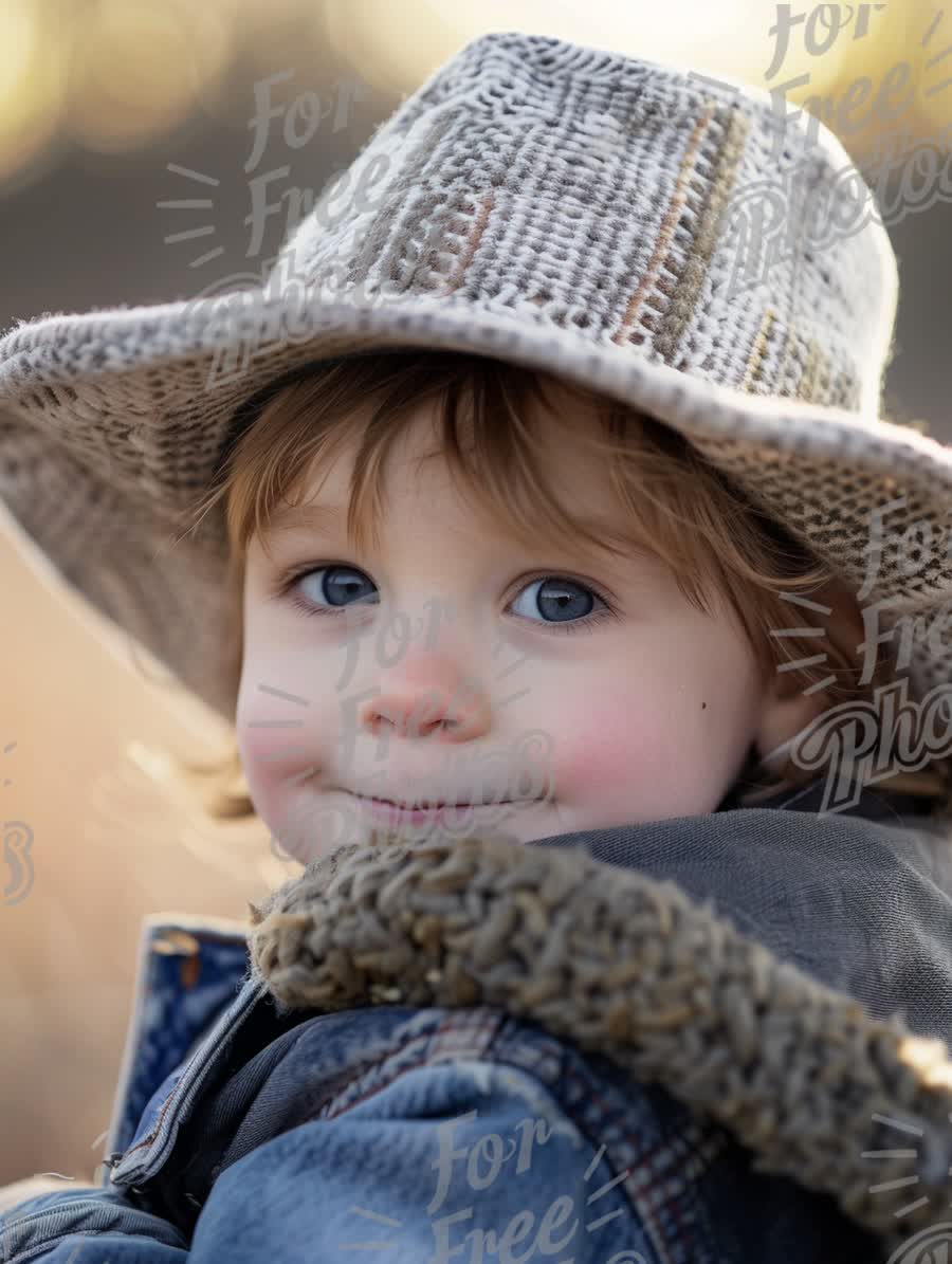 Adorable Child in Rustic Hat Smiling Outdoors - Capturing Innocence and Joy