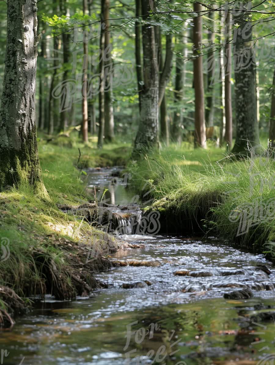 Tranquil Forest Stream: Serene Nature Landscape with Lush Greenery