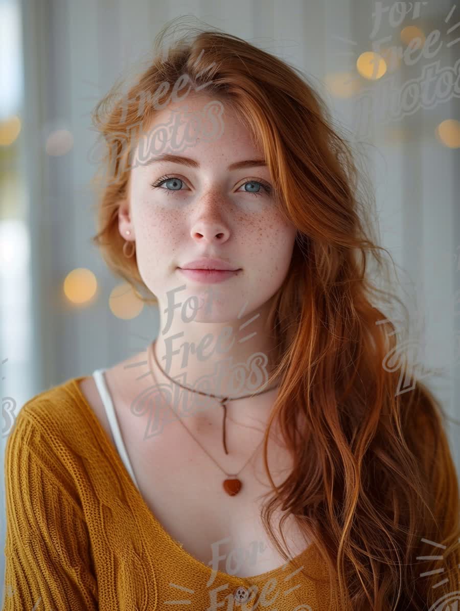 Natural Beauty Portrait of a Young Woman with Freckles and Red Hair in Cozy Indoor Setting