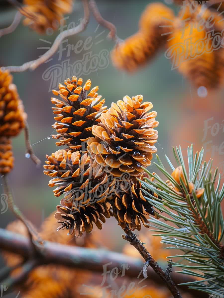 Close-Up of Pine Cones with Raindrops on Branch - Nature's Beauty in Autumn