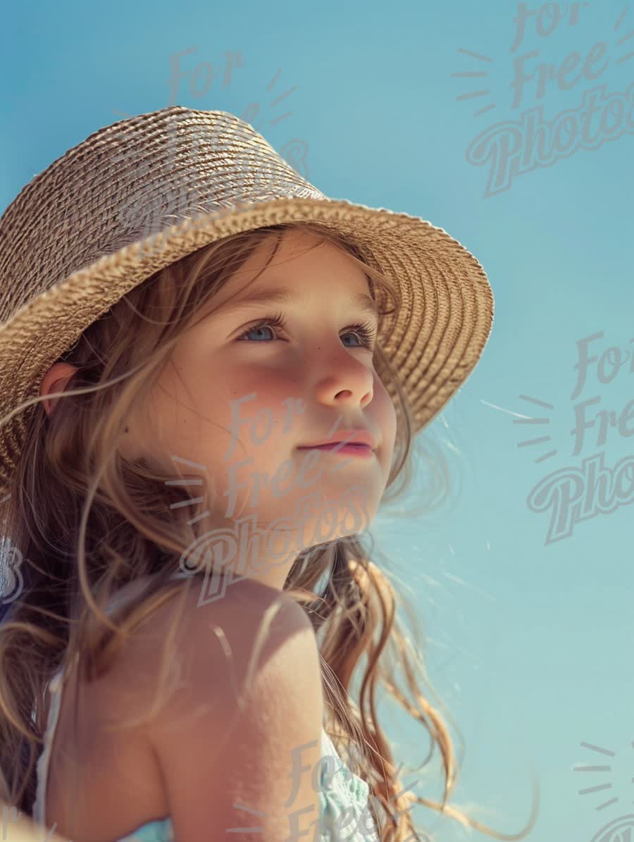 Joyful Summer Moments: Young Girl in Sun Hat Against Clear Blue Sky