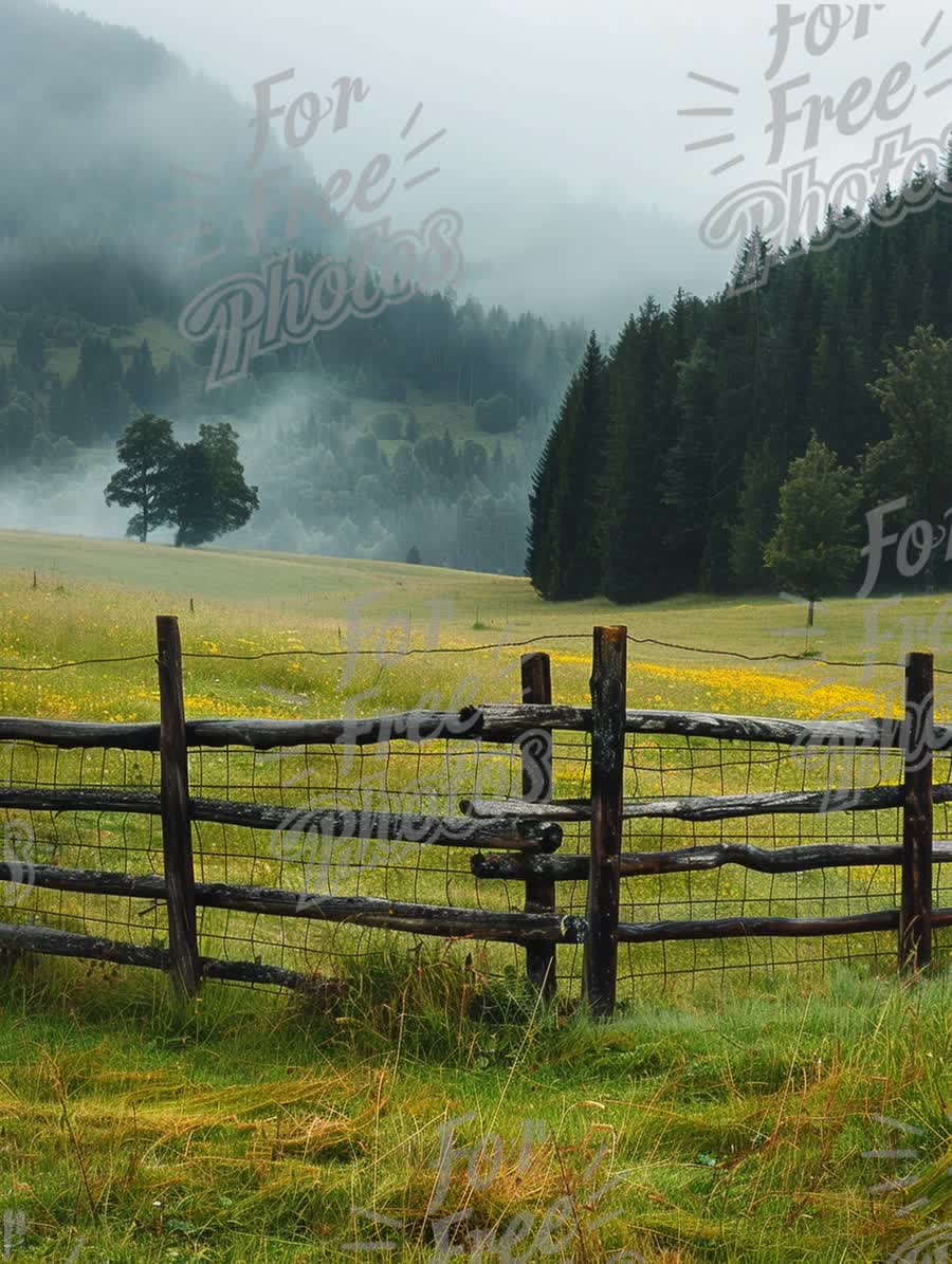 Serene Misty Landscape with Rustic Fence and Lush Green Meadows