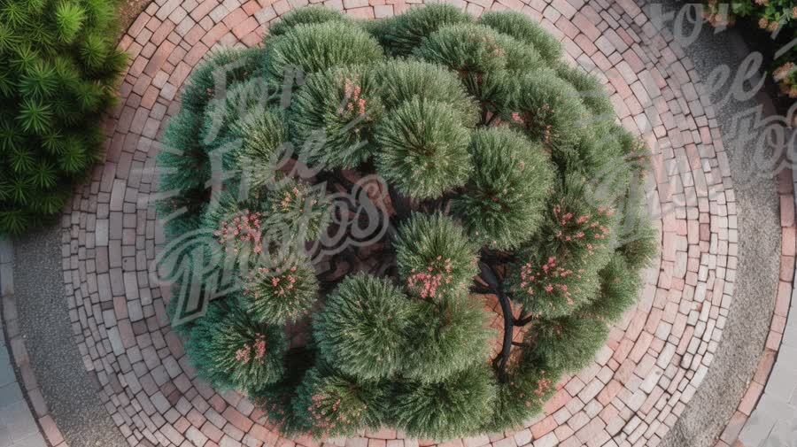 Top View of Lush Green Shrub in Circular Stone Pathway - Nature Landscape