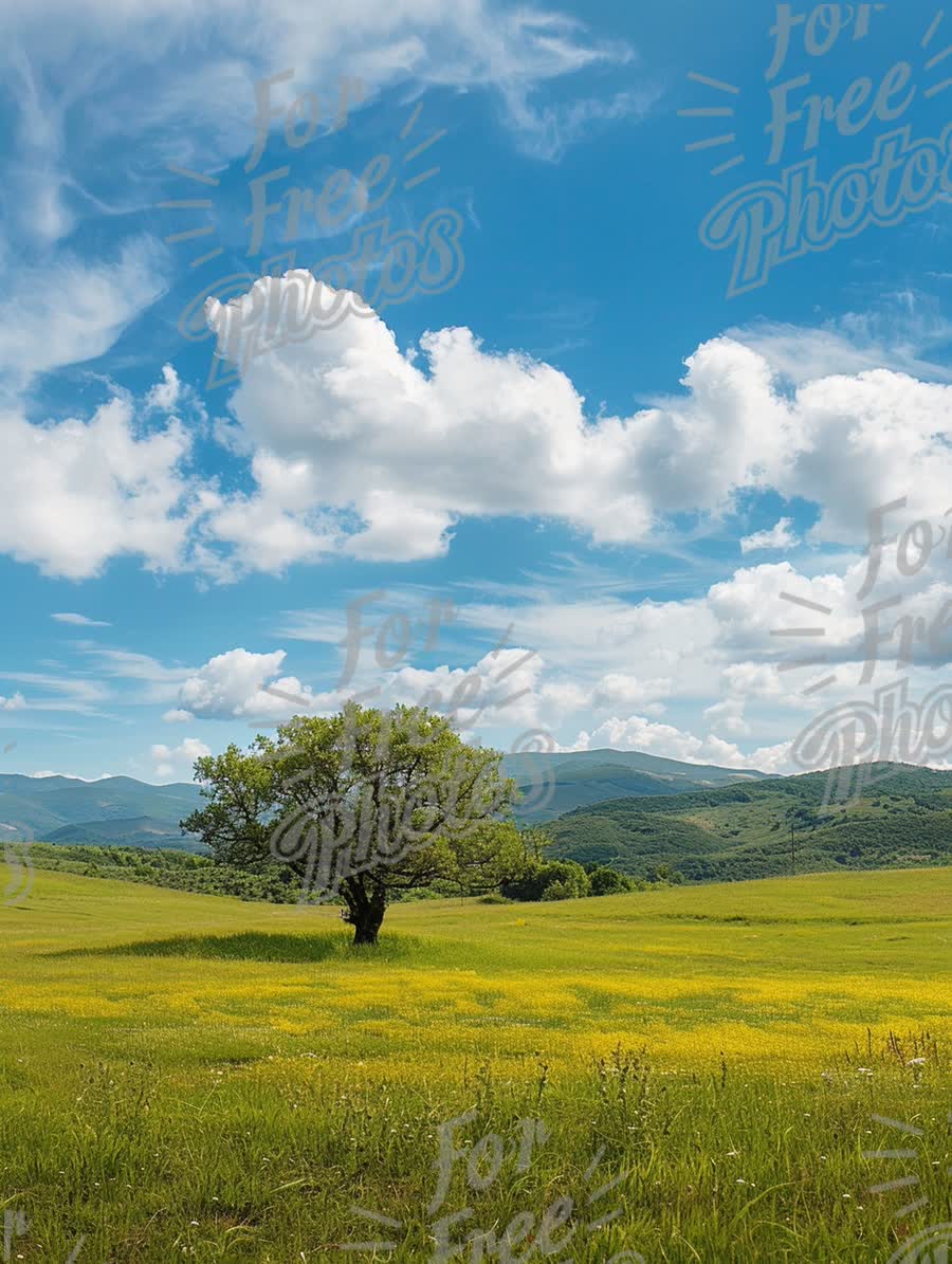 Serene Landscape with Isolated Tree and Vibrant Yellow Wildflowers Under Blue Sky