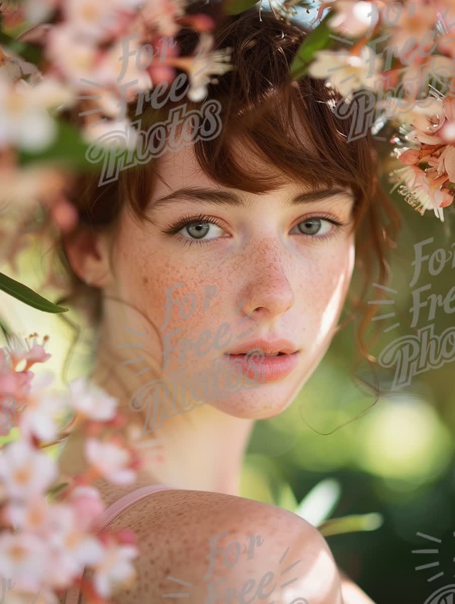 Enchanting Portrait of a Young Woman Surrounded by Blossoming Flowers