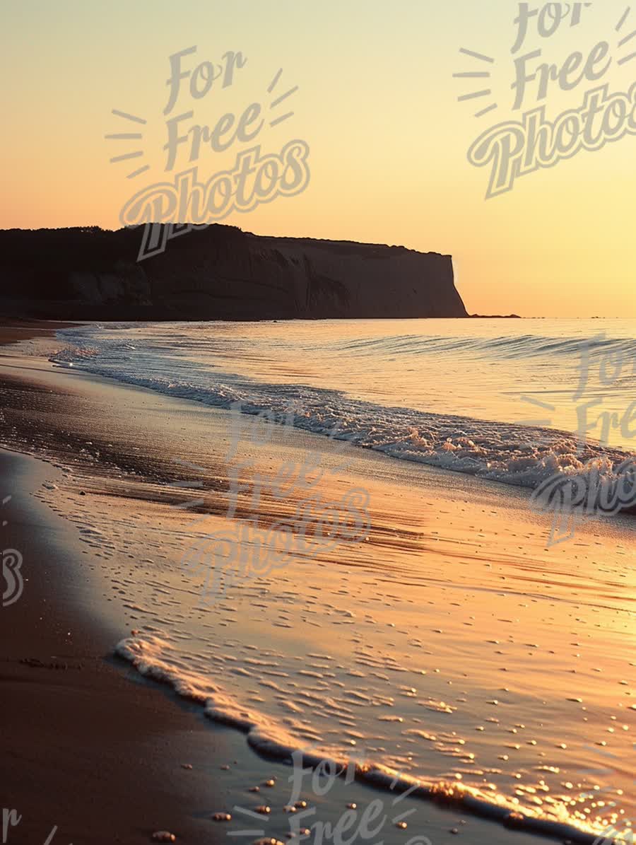 Tranquil Sunset Over Serene Beach with Gentle Waves and Cliffs