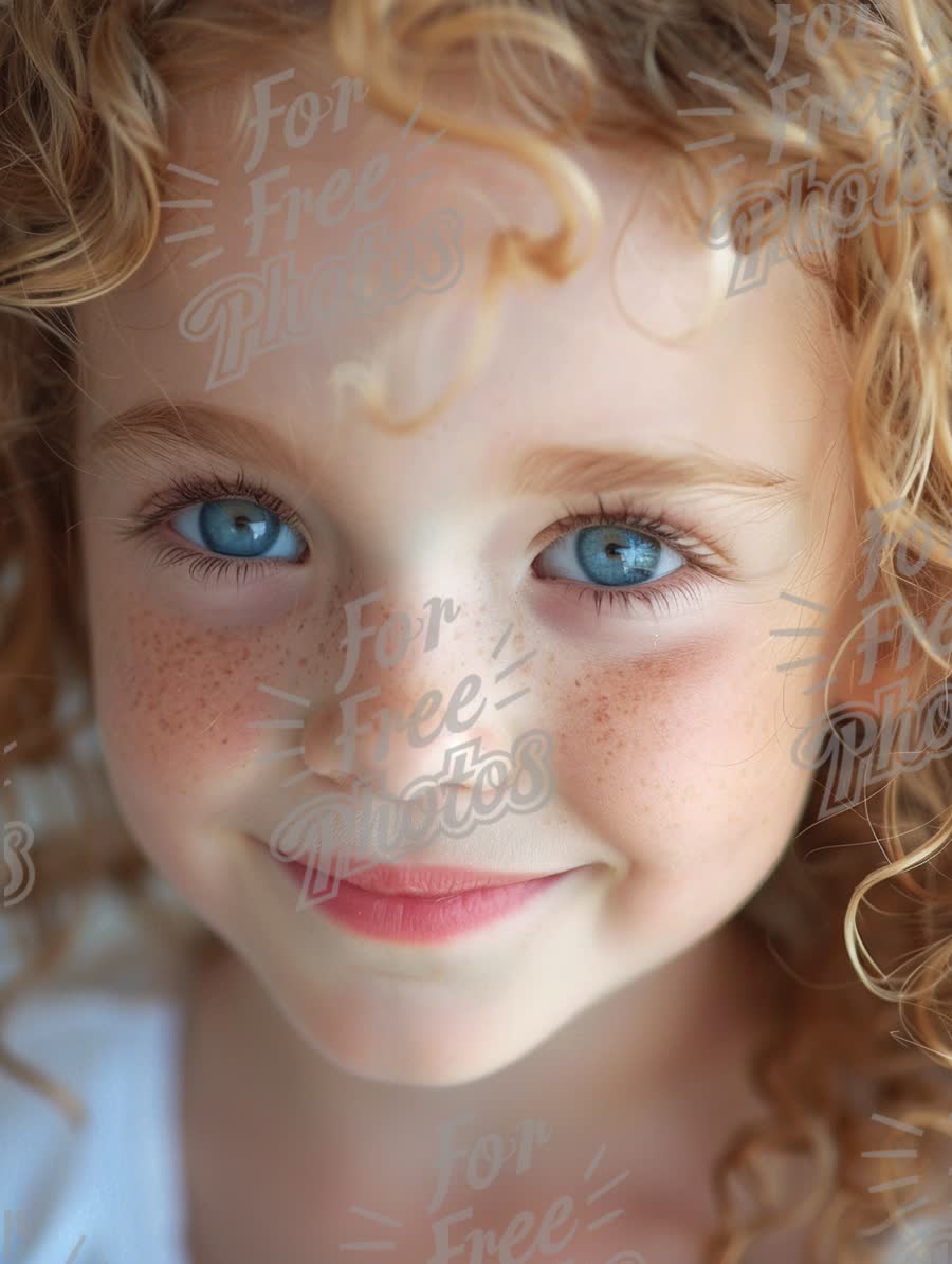 Charming Young Girl with Freckles and Curly Hair, Bright Blue Eyes, and a Joyful Smile