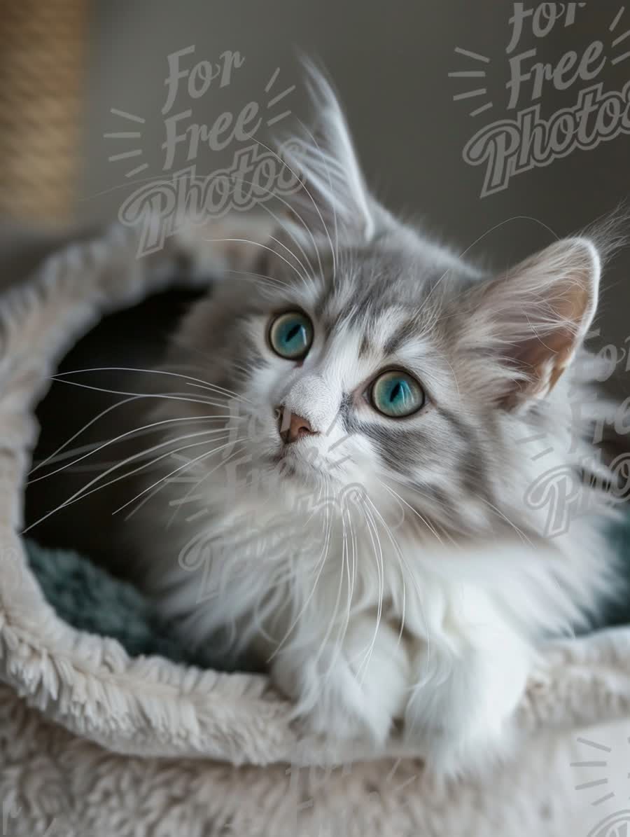 Adorable Fluffy Kitten with Striking Blue Eyes in Cozy Cat Bed