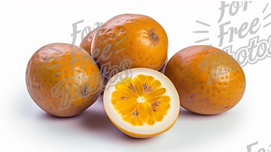 Fresh Tropical Fruit: Whole and Sliced Yellow Passion Fruit on White Background