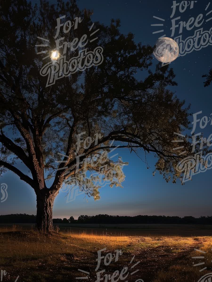 Serene Night Landscape with Majestic Tree and Full Moon