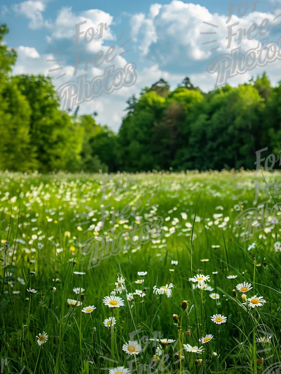 Vibrant Wildflower Meadow Under Blue Sky with Fluffy Clouds