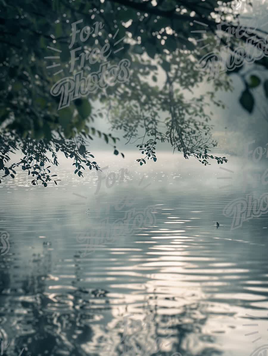 Tranquil Misty Lake at Dawn with Reflections and Lush Greenery