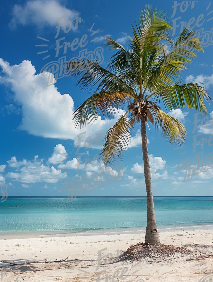 Serene Tropical Beach with Palm Tree and Clear Blue Sky