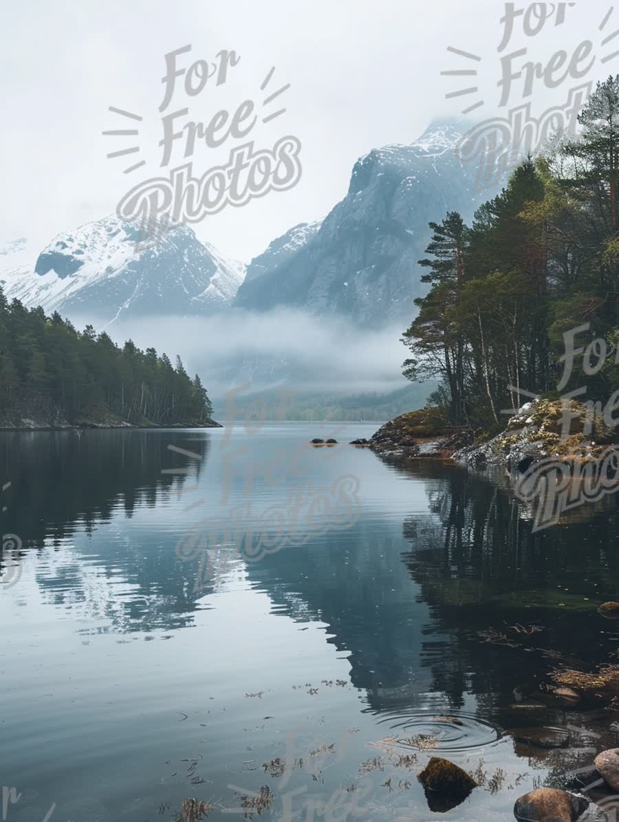 Serene Mountain Lake Reflection in Misty Landscape