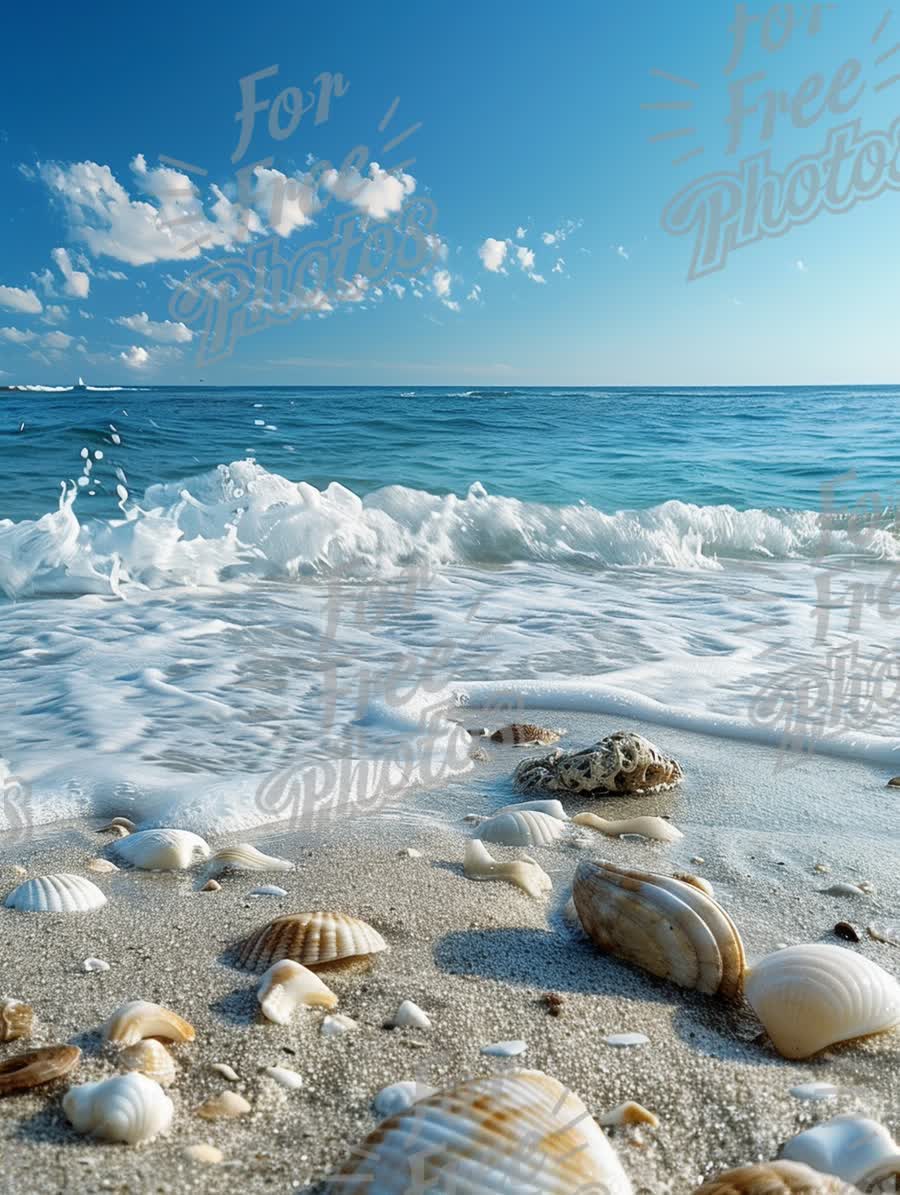 Tranquil Beach Scene with Seashells and Gentle Waves