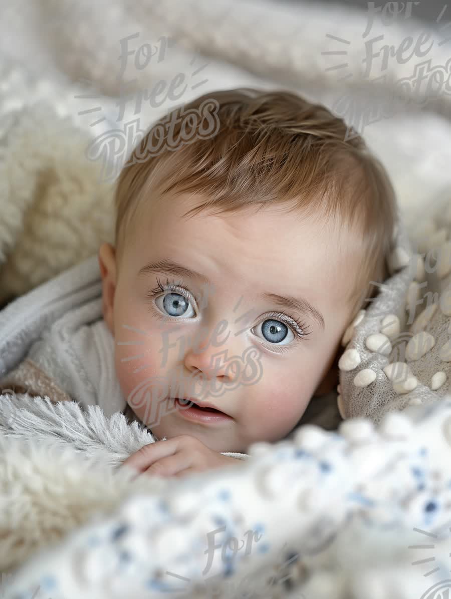 Adorable Baby with Big Blue Eyes Snuggled in Soft Blankets