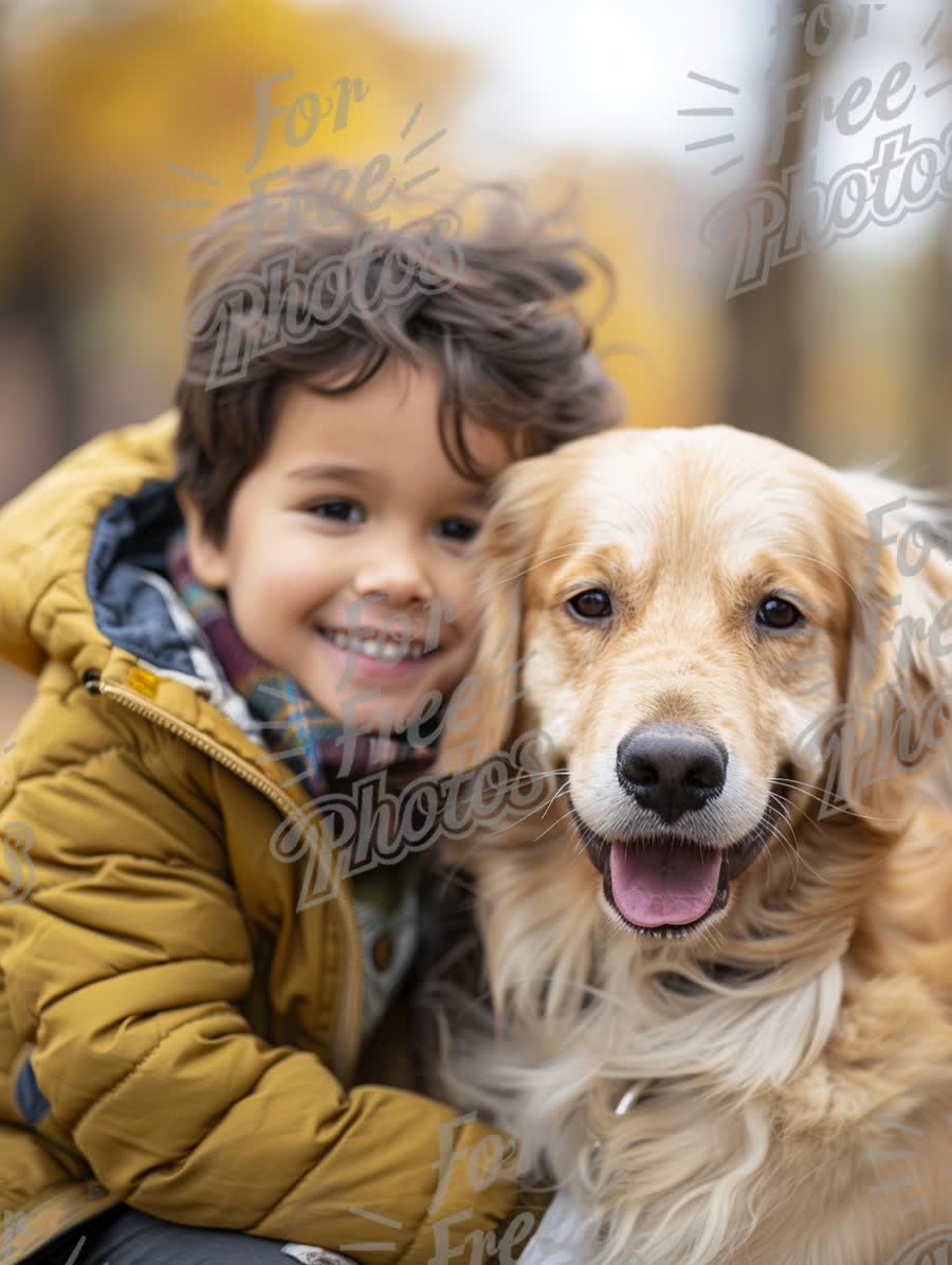 Joyful Child and Golden Retriever in Autumn Park