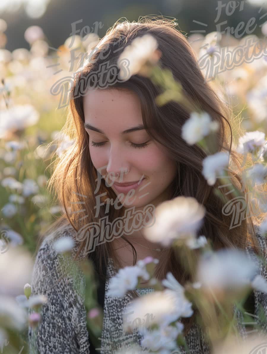 Serene Young Woman in Flower Field: Embracing Nature's Beauty