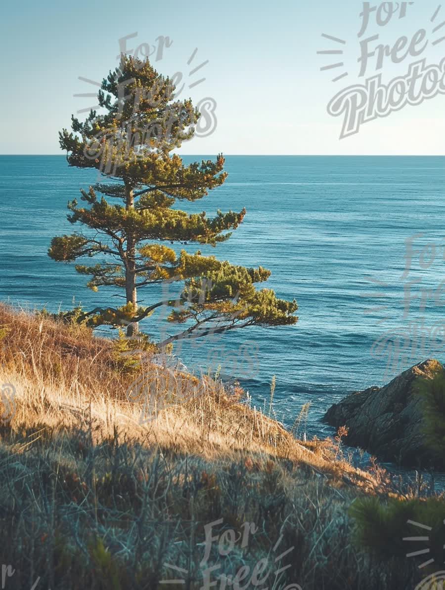 Serene Coastal Landscape with Pine Tree and Ocean View