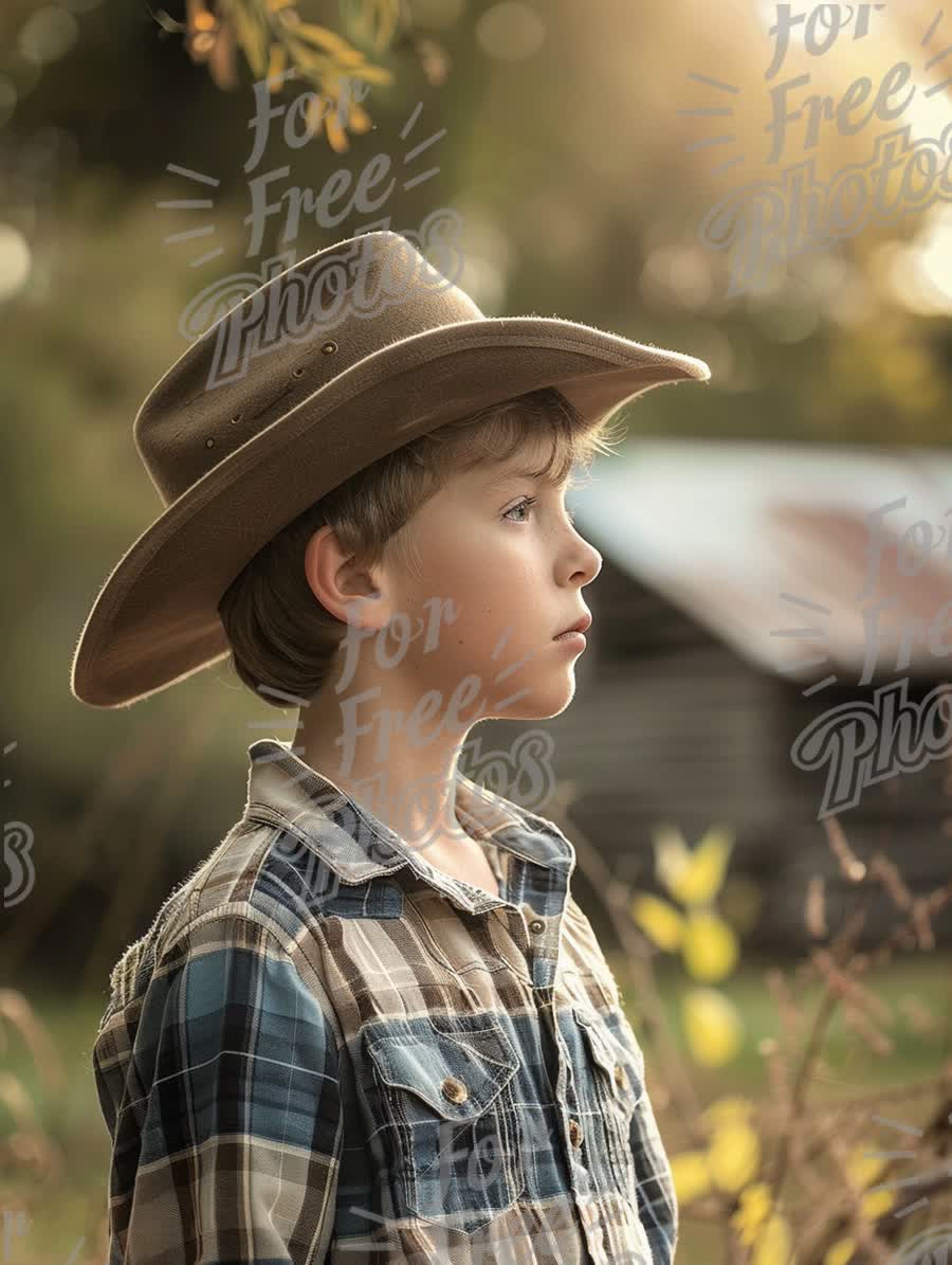 Thoughtful Young Cowboy in Nature: Rustic Childhood Adventure