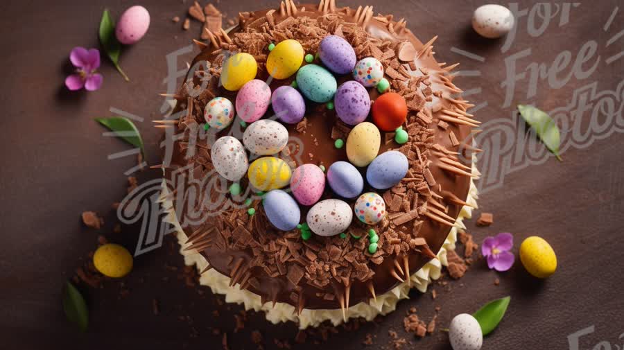 Delicious Easter Chocolate Cake with Colorful Candy Eggs and Spring Decor