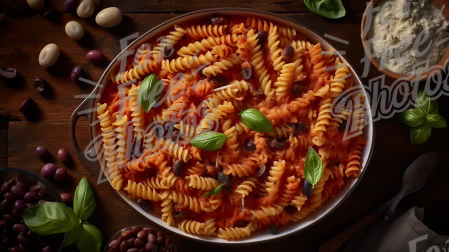 Delicious Fusilli Pasta with Tomato Sauce, Olives, and Fresh Basil on Rustic Wooden Table