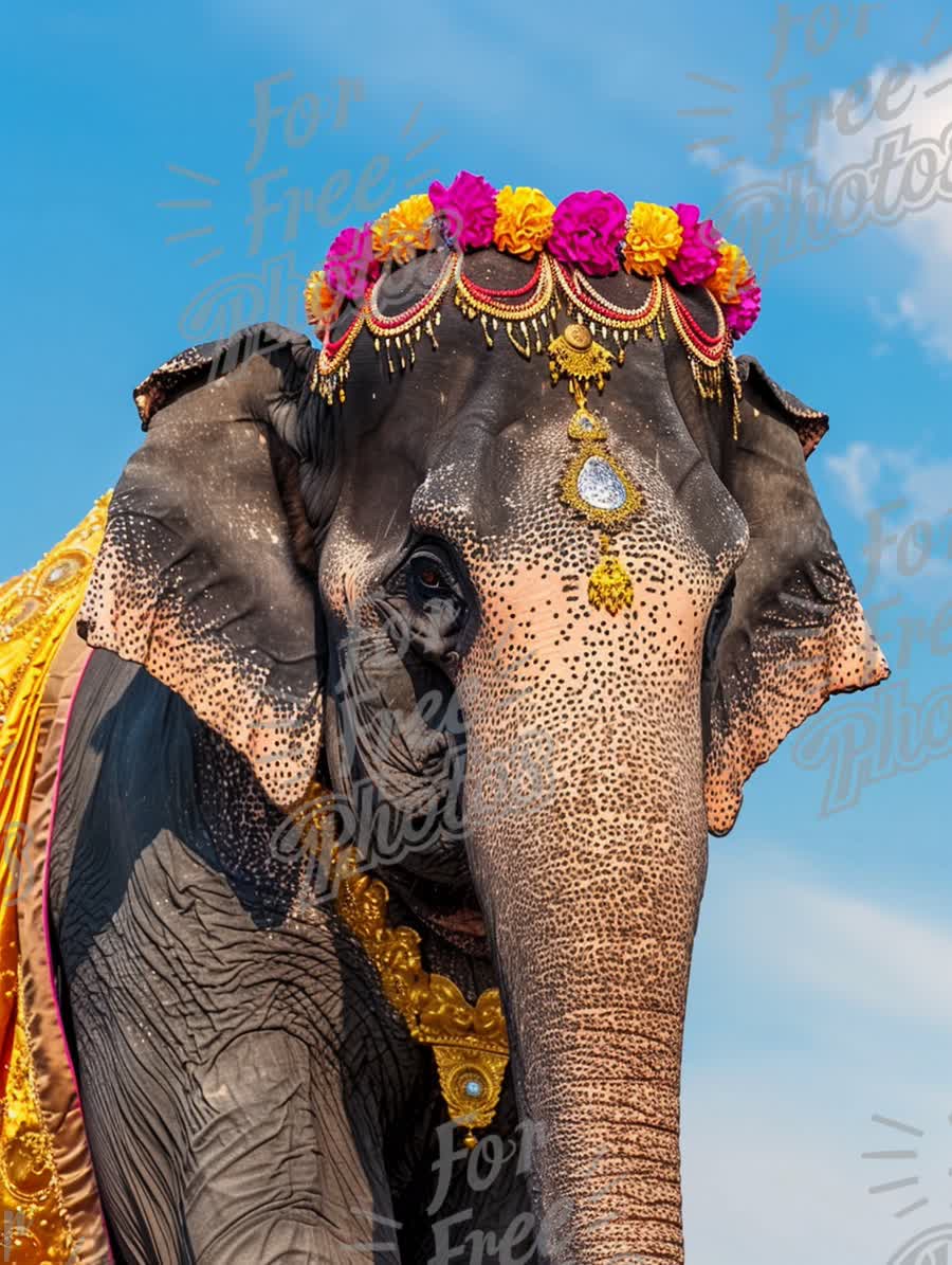 Majestic Decorated Elephant with Colorful Accessories Against Blue Sky