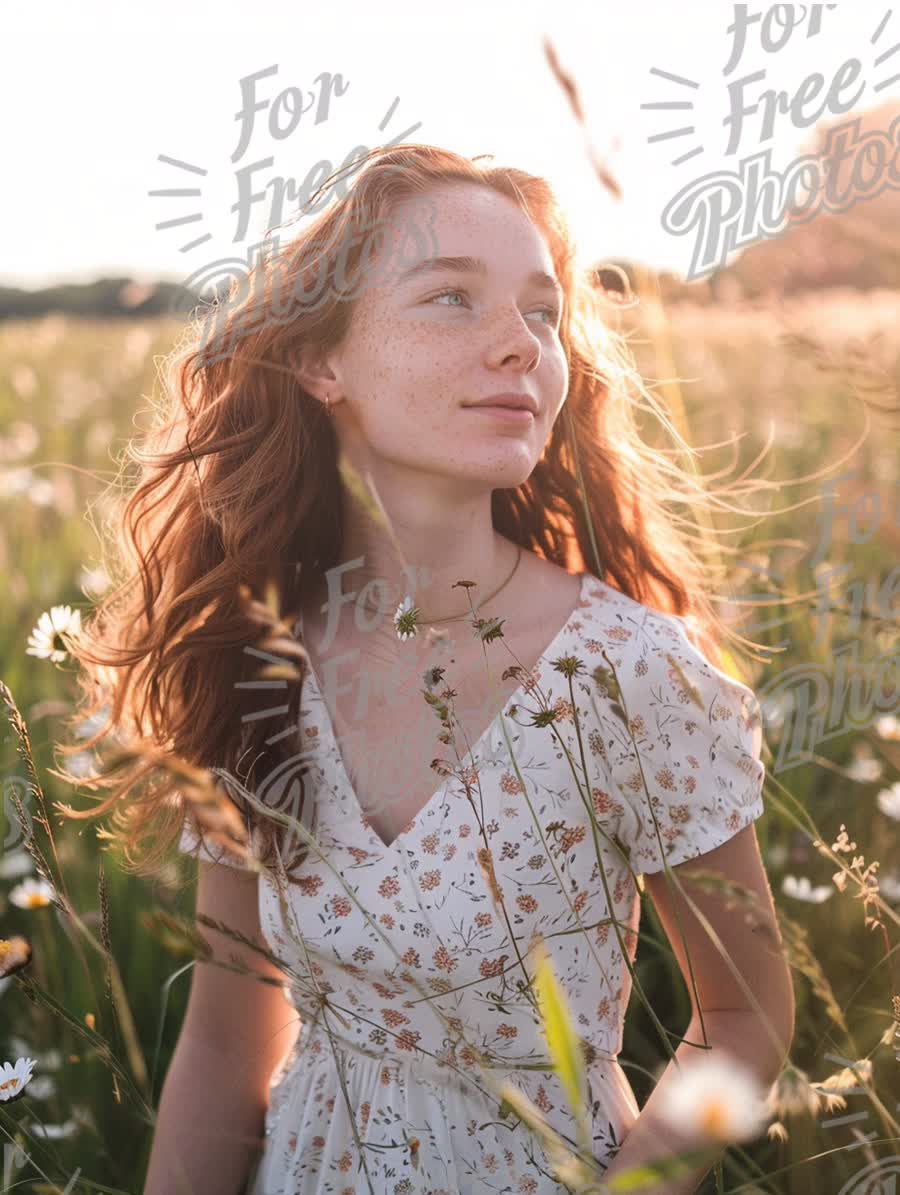 Serene Young Woman in Flower Field at Sunset - Natural Beauty and Freedom