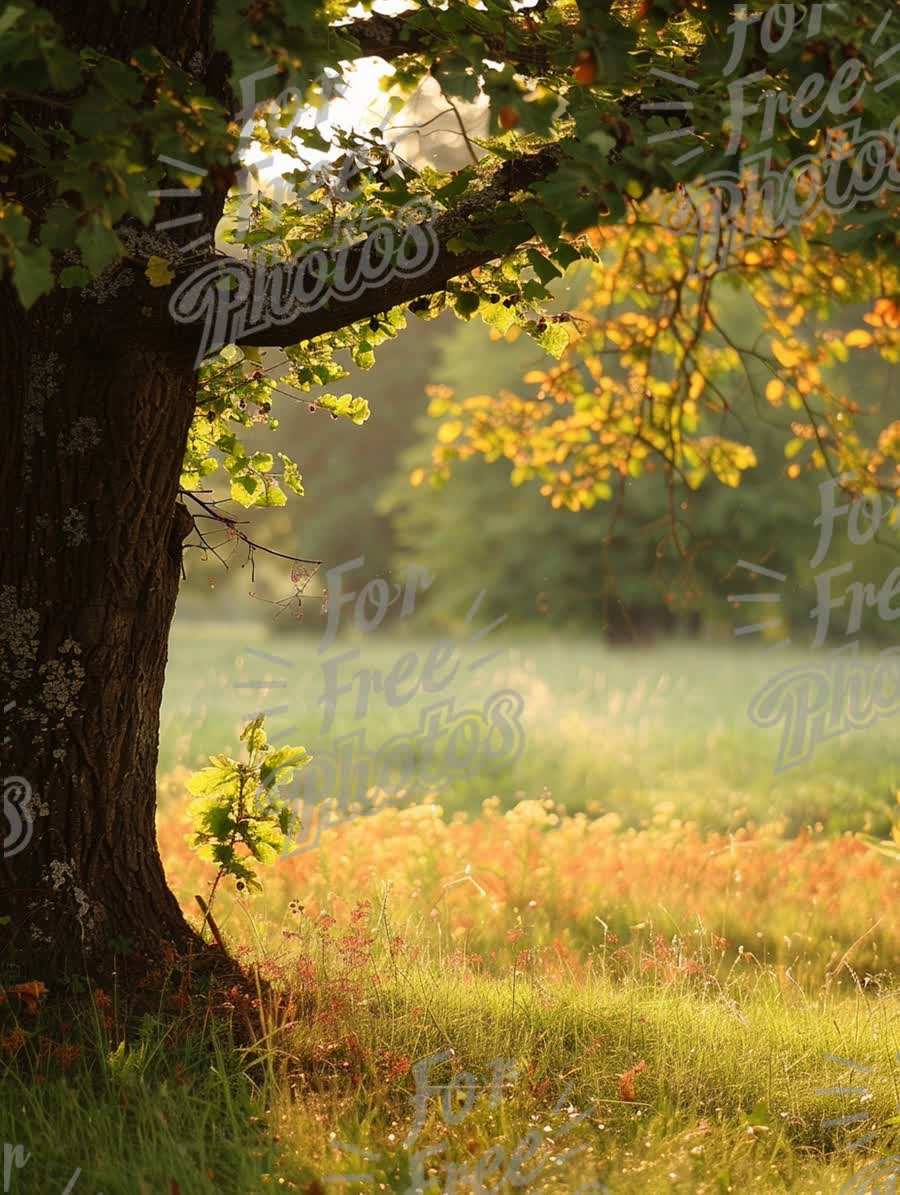 Tranquil Nature Scene with Sunlit Tree and Lush Green Meadow