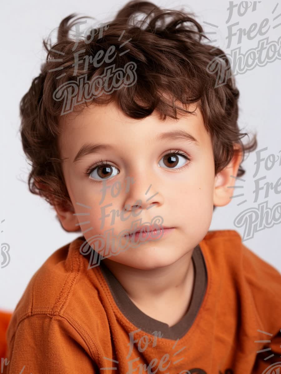 Adorable Young Boy with Curly Hair in Casual Orange Shirt - Childhood Innocence and Expression