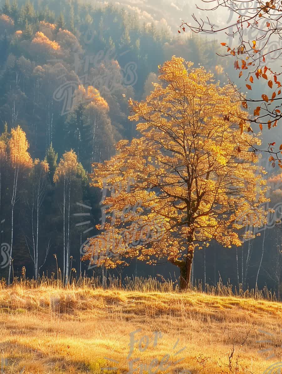 Golden Autumn Landscape with Majestic Tree and Vibrant Foliage