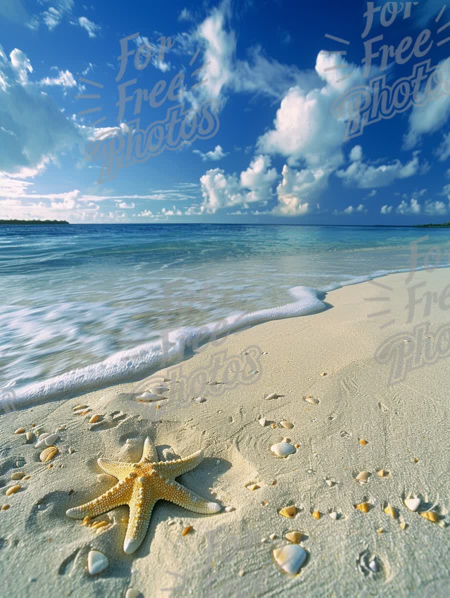 Tranquil Beach Scene with Starfish and Clear Blue Sky