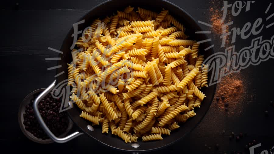 Delicious Spiral Pasta in a Black Pan with Spices - Perfect for Culinary Creations