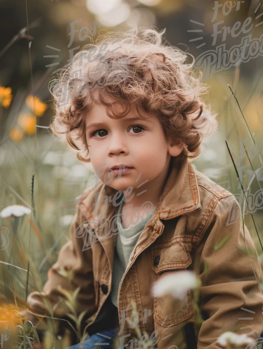 Curly-Haired Boy in Nature: Childhood Innocence and Outdoor Adventure